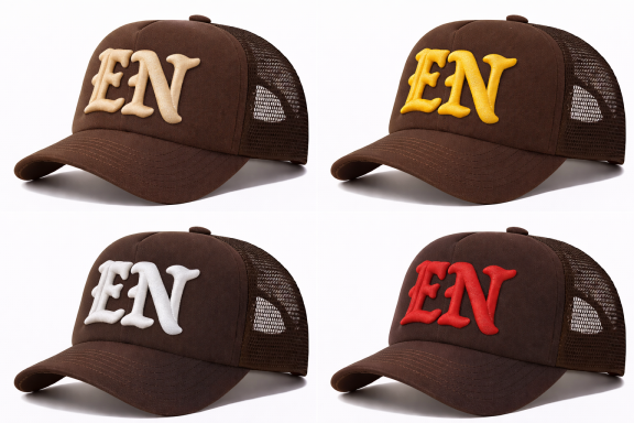 Four brown caps with "EN" letters in yellow, white, red, and cream.
